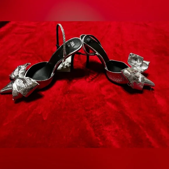 Zara Silver Metallic Slingback Heels with Bow - Picture 2 of 7